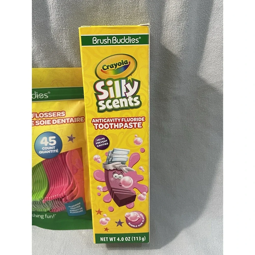 NEW Kid's Crayola Brush Buddies Toothbrush Purple Cup Flossers Tooth Paste & Cap